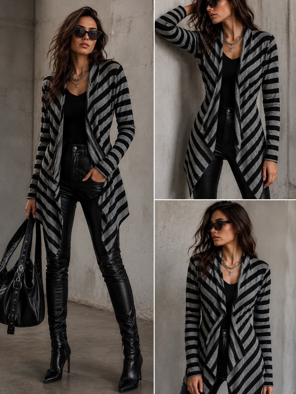 100% Cashmere GreyBlack Striped Draped Open Front Cardigan Sweater Quiet Luxury*